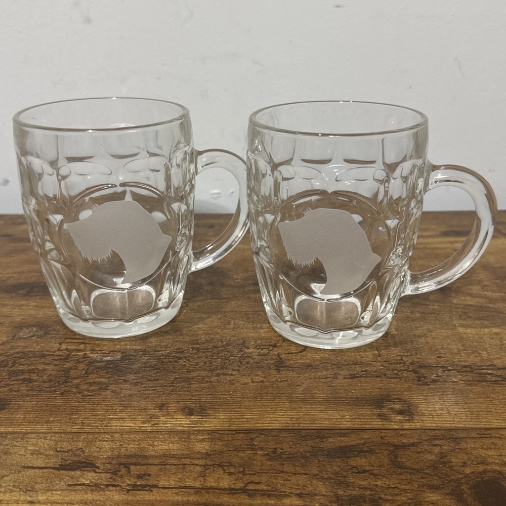 Wire Haired Pointer Dog Left Handed Etched Dimpled Thumbprint Glass Mugs Lot 2